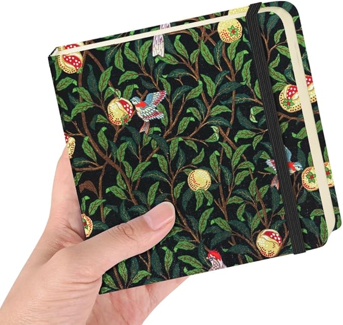 Square 4.8x4.8 inches 80gsm 96sheets/192 Pages Notebooks Blank Sketchbooks Travel Journal Pocket Hardcover Paint Writing Diary Memo Planner Cloth Cover. Pomegranate Bird
