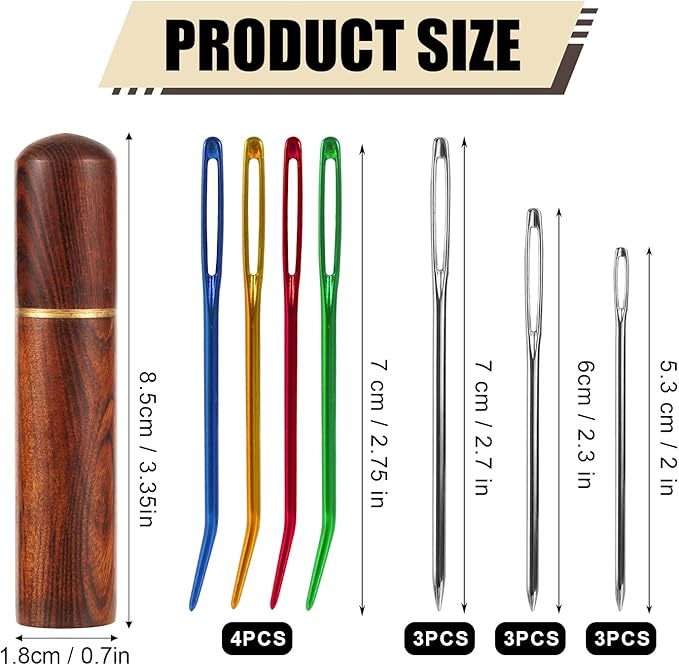 13pcs Large Eye Sewing Needles Kit, Stainless Steel Large-Eye Blunt Needles & Bent Tapestry Needles Sharp Hand Knitting Needles with Wooden Needle Case for Crochet/Darning/Yarn/Embroidery Projects