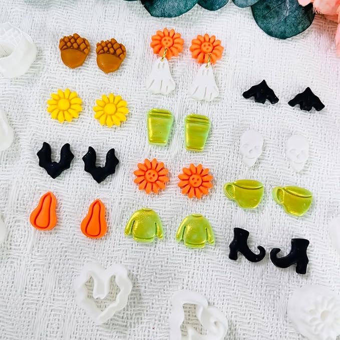 Xaekicr 12PCS Mini Halloween Clay Cutters for Polymer Clay Jewelry – Small Clay Earring Cutters, Fall Pumpkin Coffee Boot Shapes, Polymer Clay Tools & Molds Kit