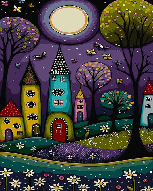 Mosaflare Paint by Numbers for Adults Beginner, Purple Fairy Tale Town Adult Paint by Number Kits on Canvas, DIY Acrylic Oil Easy Painting by Numbers for Home Wall Decor 16X20 inch (Without Frame)