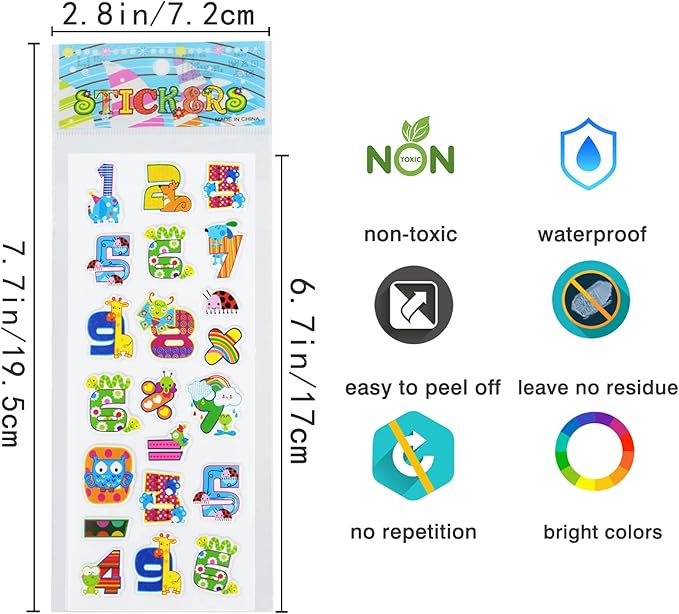 24 sheets(300+) 3d puffy stickers for toddlers kids, bulk preschool sticker sheets for reward, craft, scrapbooking (number and letter)