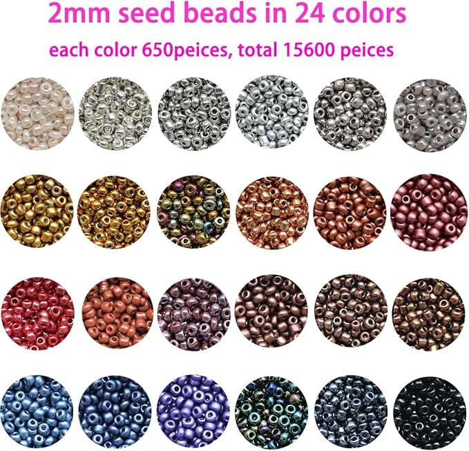 31200pcs Glass Seed Beads 48 Colors 2mm 12/0 Bracelet Beads for Jewelry Making Kit with Letter Alphabet Beads, 2 Rolls Elastic String Cord, Charms and Jump Rings for Jewelry Making（48 Colors）