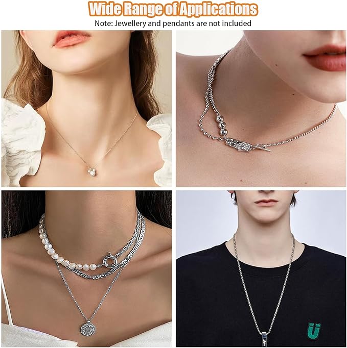 Fesorsi Silver Necklace Chain for Jewelry Making, 46ft 6 Style Rolled Steel DIY Jewelry Chain Roll Bracelet Bulk Link Plated Permanent for Earring Anklet Craft with Jump Ring, Lobster Clasp, Pliers