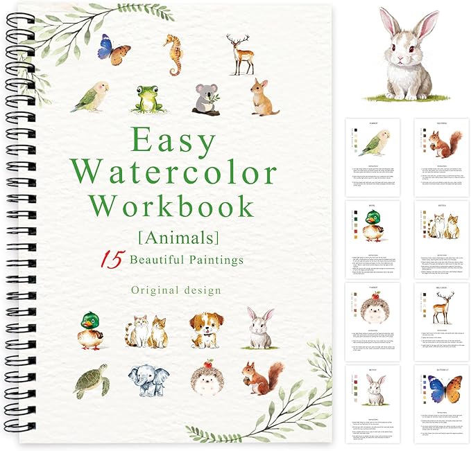 SLWBZ Watercolor Workbook Animals, 15 Different Patterns of Original DIY Designs, Beginner-Friendly Watercolor Workbooks, (Animals, Without Palette)