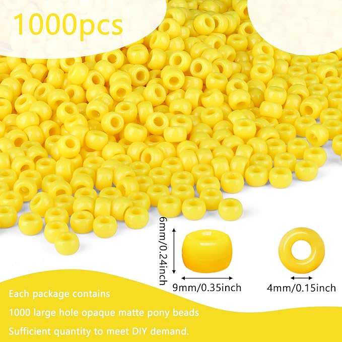 1000Pcs 9mm Yellow Plastic Pony Beads for Friendship Bracelets, Hair Beads, Crafts