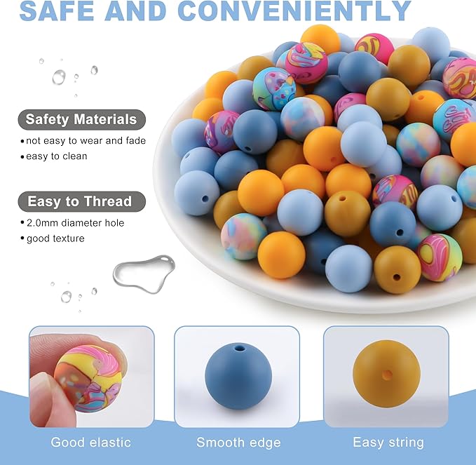 150Pcs Mixed Color 15mm Silicone Beads for Keychain Making, Blue Mustard Yellow Print Silicone Beads for Pens and Bracelet Jewelry Making