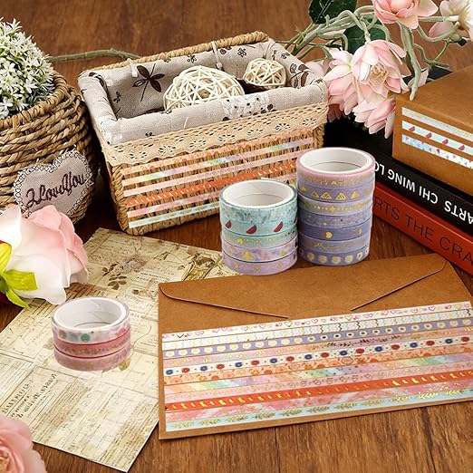 Washi Tape Set 42 Rolls Thin Washi Tape Self-Adhesive Gold Foil Patterns Tape Cute Scrapbook Paper Tape Decorative Tape for Scrapbook Journal DIY Craft Scrapbooking Journal Supplies Gift Wrapping