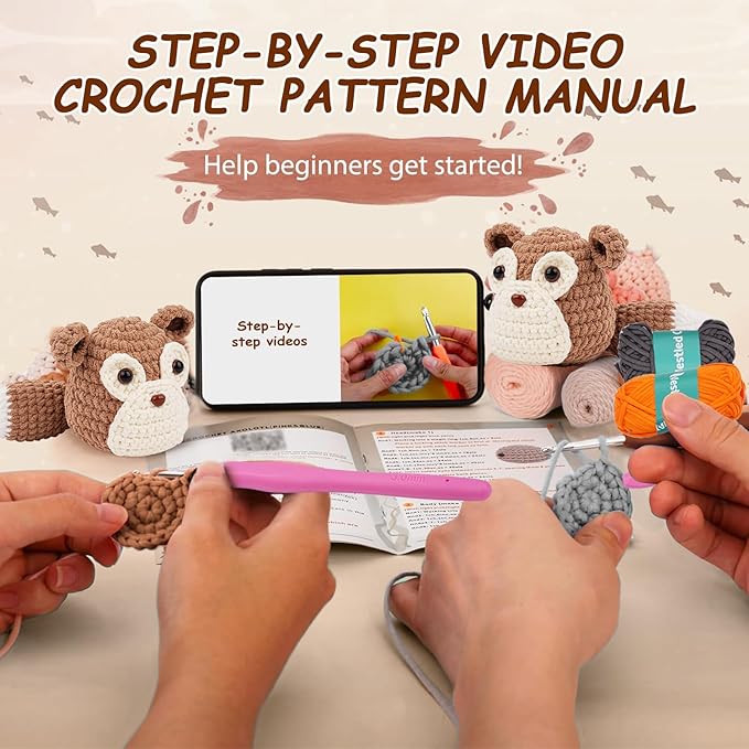 Vanttokeey Crochet Kit for Beginners, Animal Amigurumi Crochet Kits Included, Step-by-Step Video Tutorials, Beginner Crochet Kit for Adults and Kids, Crocheting Starter Set (Squirrel)
