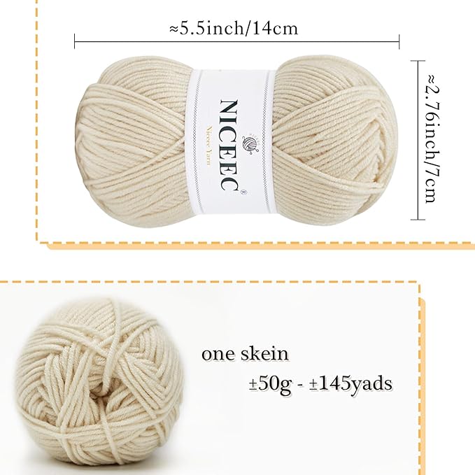 NICEEC 300g Soft Assorted Colors Yarn - Sport Weight,100% Acrylic, 4 Ply, Bonbons Yarn for Crochet & Knit, DIY Project Starter Kit for Kids or Adults(Total 870yds) - Cream White