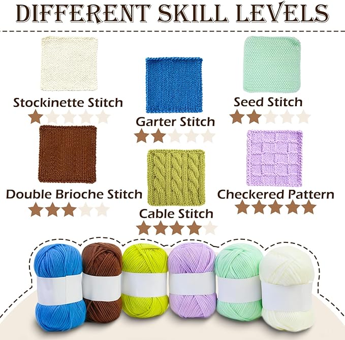 Lewhoo Knitting Kit for Beginners,Learn to Knit Kit for 6 Patterns Dishcloth with Step-by-Step Instruction,Complete Knit Starter Kit -Including Yarn, Knitting Needle&Accessories