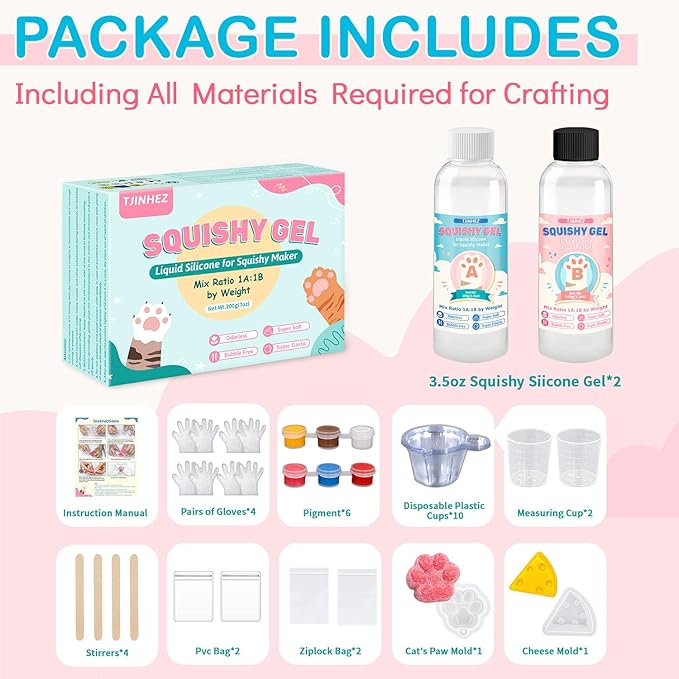 Taba Squishy Kit - 7oz DIY Liquid Silicone Making Set for Squishy Maker, All-in-one Rubber Squishy Kit with Guided, Mold, Flocking Powder - Bubble Free, Fast Cure for Beginners, Stress Relief & Gifts