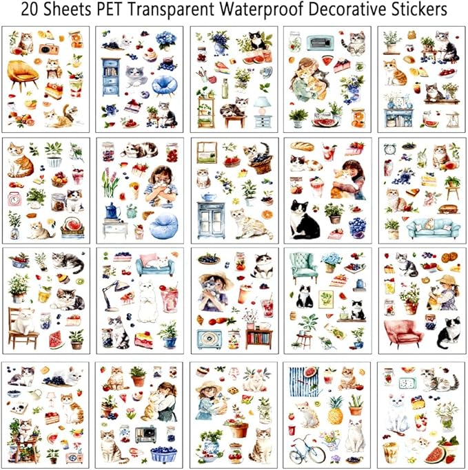 Journal Sticker Book for Journaling and Scrapbooking, Cat Blueberry Theme, 20 Sheets 3.9x5.9 inches, Precut Transparent PET Stickers for Junk Journal Supplies, Collage, Scrap Book