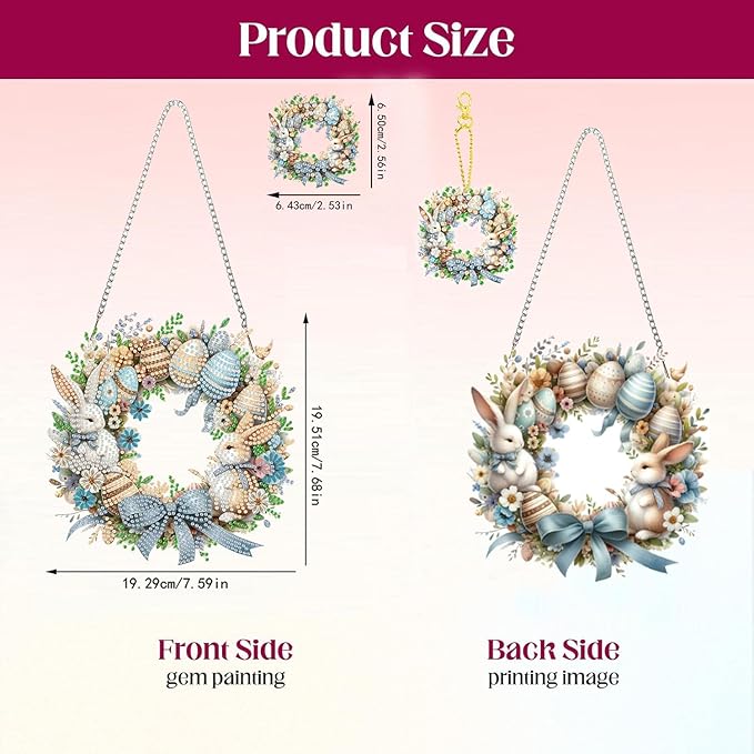 Masendp Easter Wreath Diamond Painting Double-Sided Hanging Ornament Set, DIY Irregular Shaped Rhinestone Window Decoration Set, Suitable for Home and Garden Wall Decoration Gifts