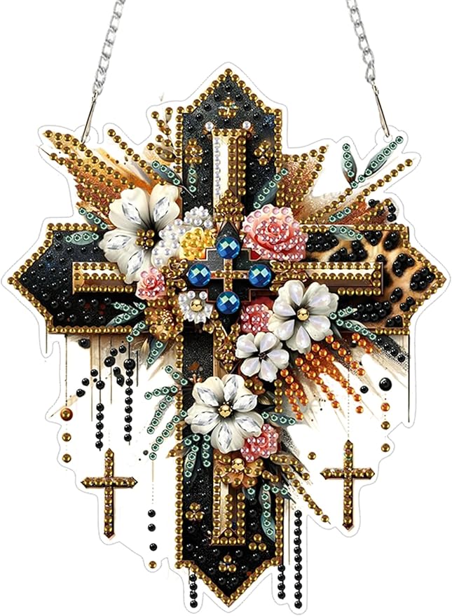 ZeeLionArt Hanging Diamonds Art kit for Adult,Cross Flowers Pendant Diamonds Painting Art Kit,6.2x7.6inch Acrylic Diamonds Painting Board Kit Ornament, Special Crystal Diamond Hanging Ornament