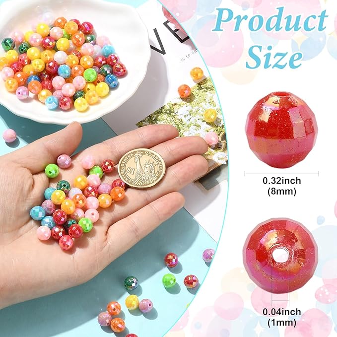 Ipotkitt 200 Pcs 8mm Faceted Round Acrylic Beads AB Color Platic Spacer Beads Random Color Round Ball Loose Beads for DIY Jewelry Making Home Decoration