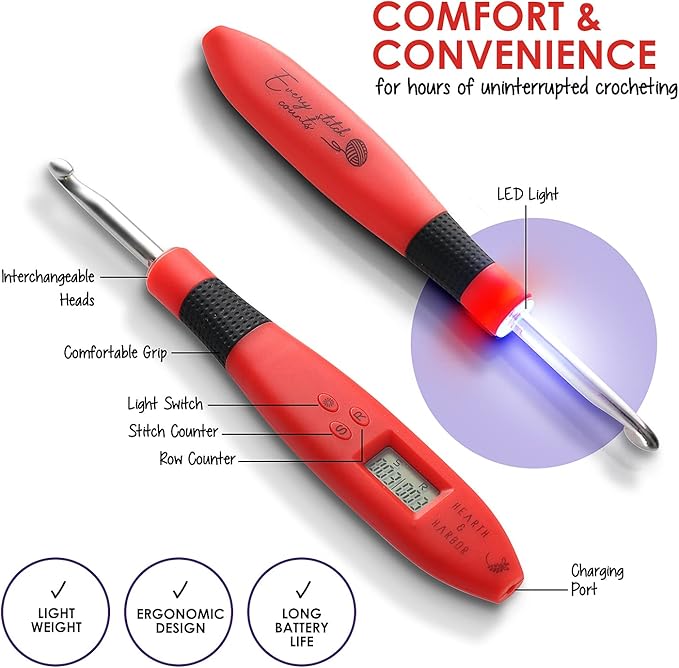Hearth & Harbor Light Up Crochet Hook Set with Case, Counting Crochet Hook Set Digital for Stitch and Row Counter, Lighted Crochet Hook Set with 9 Interchangeable Crochet Hooks