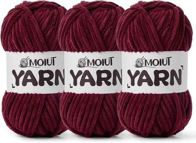 3 Pack Fluffy Chenille Yarn for Crocheting, Chunky Velvet Yarns for Crochet Amigurumi, Baby Yarn for Crocheting Soft Blanket, 262.4yds /10.5 oz Bulky Yarns for Crafts/Hats/Shoes/Socks (3 Burgundy)