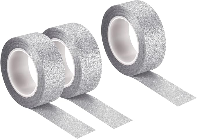 MECCANIXITY 0.6inch x 32.8ft Glitter Tape, Decorative Craft Tape Self Adhesive Stick 1.5cmx10m Silver Tone for Scrapbook, DIY Arts, Gift Wrapping Pack of 3