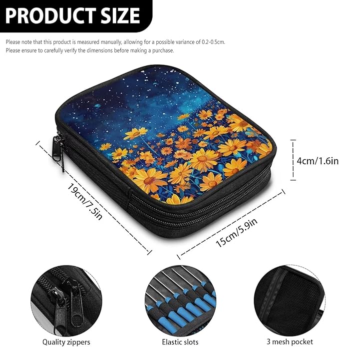 Hechitok Yellow Flower Crochet Hook Case Zipper Storage Organizer Bag with Pockets for Various Crochet Needles/Knitting Accessories/Crochet Hook Kit Tools