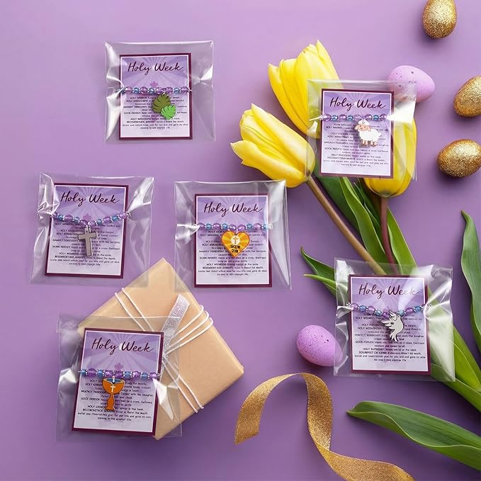 Liliaafar 24 Sets Easter Crafts Holy Week Bead Bracelet Craft Kits with Card Easter Party Favors DIY Holy Week Sunday Beaded Gifts Religious Christian Bracelet Kits for Spring Art Gifts