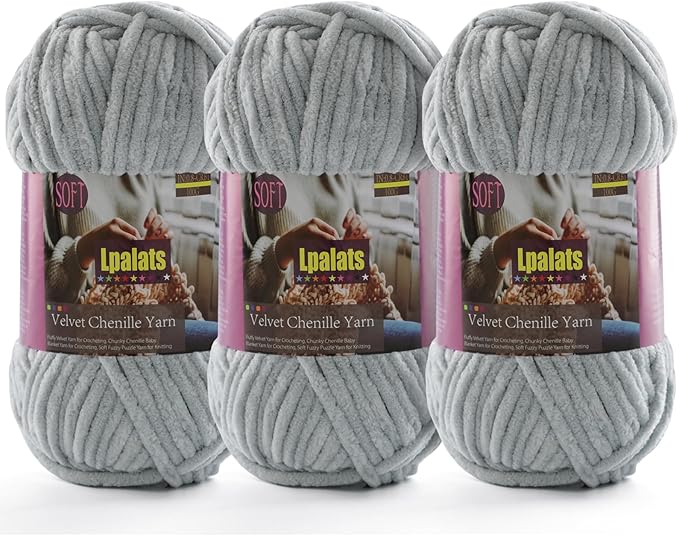 Baby Blanket Yarn for Crocheting Soft - 3 Pack of 100g/3.5oz Chunky Chenille Yarn for Knitting Blankets Amigurumi - Super Bulky Yarns - 261 Yards Thick Plush Yarns (3, Light Grey)