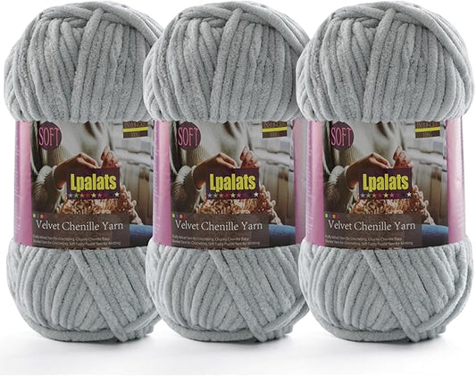Baby Blanket Yarn for Crocheting Soft - 3 Pack of 100g/3.5oz Chunky Chenille Yarn for Knitting Blankets Amigurumi - Super Bulky Yarns - 261 Yards Thick Plush Yarns (3, Light Grey)