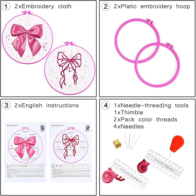 2 Sets Pink Hand Embroidery Kits for Beginners Adults, Cute Bow Embroidery Starter Kits, Cross Stitch Kits for Beginner Needlepoint DIY Kits for Adult, 2 Set Embroidery Hoops, Thread & Video Tutorial