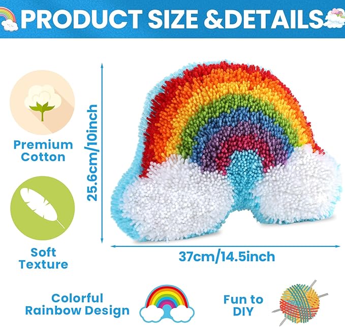 Justforjoyful Rainbow Latch Hook Kit Rainbow Pillow DIY Craft Kit for Making Your Own DIY Pillow Valentine's Day Craft Kit for Pattern Paint Cross Sewing Sofa Cushion Plush Gift