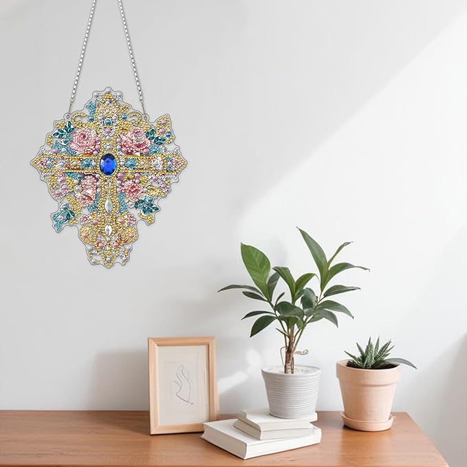 NAIMOER Diamond Art Hanging Kits for Adults, Religion Cross Diamond Art Suncatchers, 5D Special Shape Fall Diamonds Painting Pendant Window Ornament Gifts for Home Garden Door Wall Decor