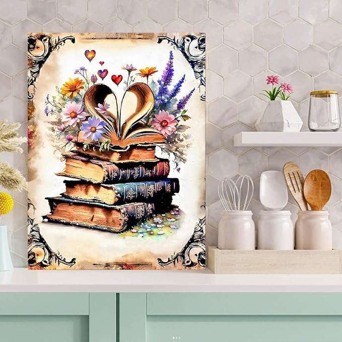 Meothan 5D Diamond Painting Kits for Adults Book Flowers Diamond Art Kits for Adoults, DIY Full Round Paint with Diamond Art Dots Retro Gem Art Painting Crafts for Home Wall Decor 11.8x15.7inch