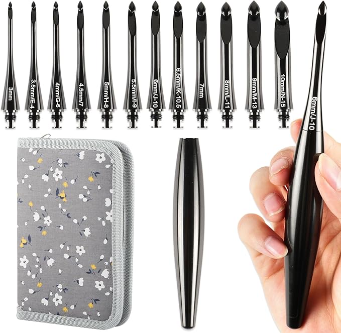Svartur Interchangeable Crochet Hook Set with 12 Hooks – Ergonomic Crochet Hooks Large Handle, US Sizes E-4 to N-15 (3mm–10mm), Smooth & Lightweight, Crochet Kit with Storage Case, Black
