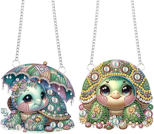 2 Pcs Cute Sea Turtle Diamond Painting Hanging Ornaments – 5D DIY Acrylic Pendant Kit with Irregular Shaped Gems, Mosaic Craft for Window & Wall Decor, Ocean-Themed Handmade Gift