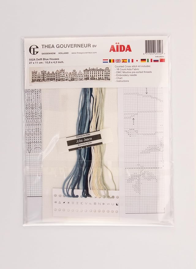 Thea Gouverneur - Counted Cross Stitch Kit - Delft Blue Houses - Aida - 18 Count - Embroidery Kit for Adults - DMC Embroidery Threads and Other Cross Stitch Supplies Included - 552A