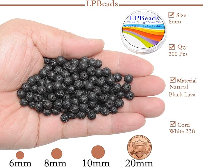 LPBeads 200Pcs Polished 6mm Round Natural Black Lava Gemstone Loose Beads with Stretch Cord for Jewelry Making Bracelets