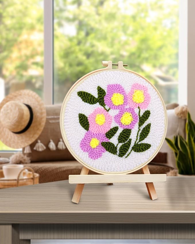 TINDTOP Punch Needle Kits, Flowers Punch Embroidery Kits for Adults Beginner, Tool with Punch Needle Fabric, Hoops, Yarns and Sewing Needles