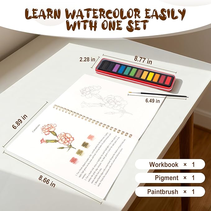 Watercolor Workbook for Adults, Beginner Friendly Watercolor Painting Kit Flowers Water Coloring Book, Nature-Themed Practice Art Gift Water Color Paint Book with Palette and Brush