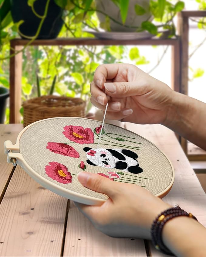 TINDTOP 4 Sets Embroidery Kit for Adult, Panda Embroidery Practice Kits for Beginners Include Embroidery Cloth Hoops Threads for Craft Lover Hand Stitch with Embroidery Skill Techniques