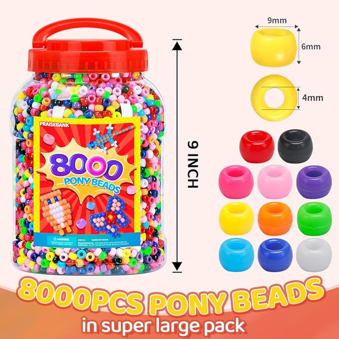praisebank pony beads, 8000pcs 6x9mm, wholesale beads, bracelets jewelry making, arts & crafts(multi-colored)