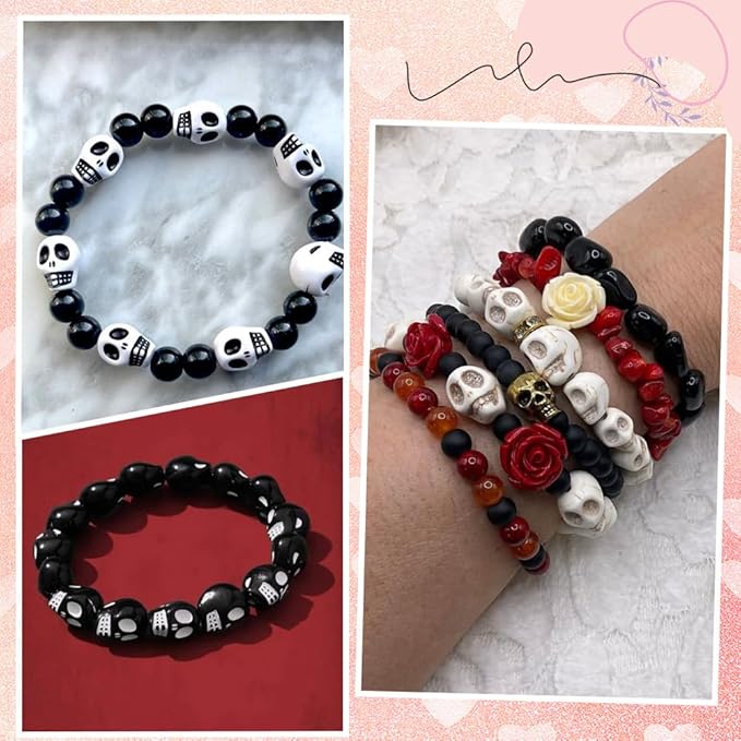 SUNNYCLUE 500Pcs Skull Bead Kit Stone Skull Beads Black Red White Rose Flower Gothic Cross Charm Crosses Charms Halloween Loose Spacers for Jewelry Making Bracelets Necklace Adult Women Gift Supplies
