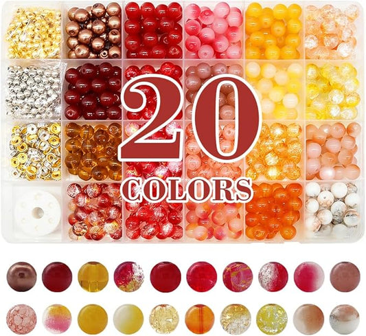 DIPSEOI 8mm Glass Beads for Bracelet Kit - 900 Pcs Jewelry Making Kits Bead DIY with Spacer Charms (Brown Red Orange Yellow Series)