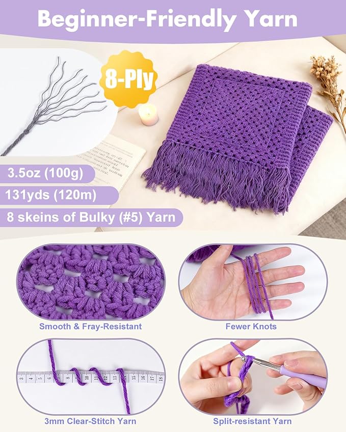 Arborthread Crochet Kit for Beginners, Easy Pocket Shawl & Scarf Crochet Kit for Adults w/Ample Premium Yarn to Fit Different Sizes, Step-by-Step Video & Instructions, Pureple