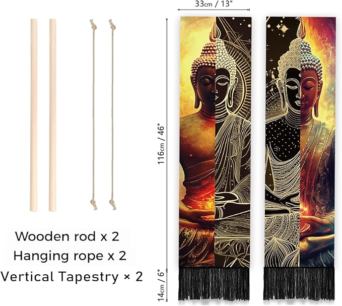 PLIGREAT 2 Pack Buddha Tapestry with Tassels, Vertical Zen Decor Long Narrow Wall Tapestry Meditation Wall Hanging for Yoga Room Bedroom Living Room Dorm Room Home Art Decor, 46" x 13"