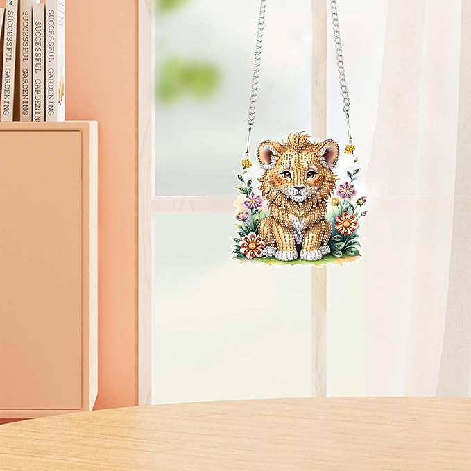 DIY 5D Diamond Painting Hanging Ornament Kit Lion Design, Handmade Acrylic Diamond Art Irregular Shape Pendant, Decorative Hanging for Home, Garden, Wall, Door, and Gift