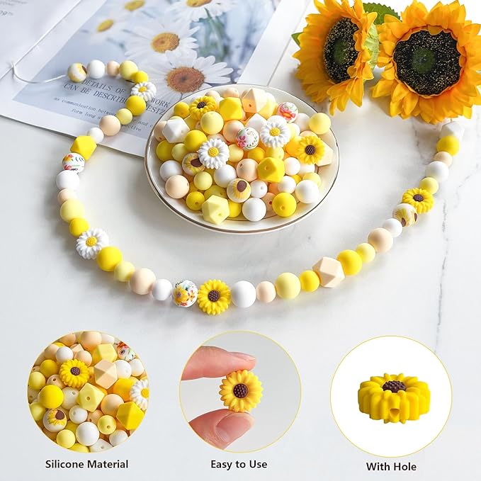 104Pcs Daisy Silicone Beads for Keychain Making Silicone Focal Beads Bulk Yellow White Round Hexagon Loose Beads for Pens Necklace Bracelets Jewelry Making