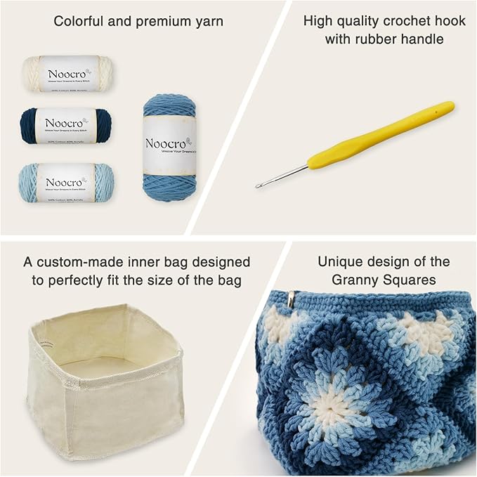 Noocro Crochet Kit Granny Square Shumai Bag, Purse, Complete DIY Kit, Detailed Instructions, Video Tutorials, for Beginners or Intermediate and Advanced Crocheters (Ocean Breeze)