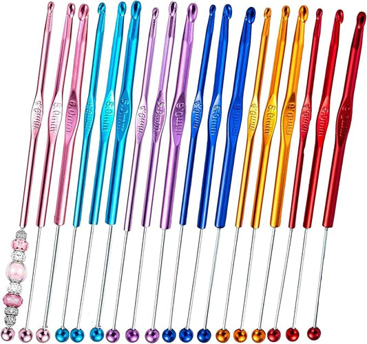18 Pack DIY Beadable Crochet Hooks Knitting Needles Set Aluminum Handle for Focal Beads Colors (Blue Purple Red Orange Pink Light Blue, 4-6 mm)