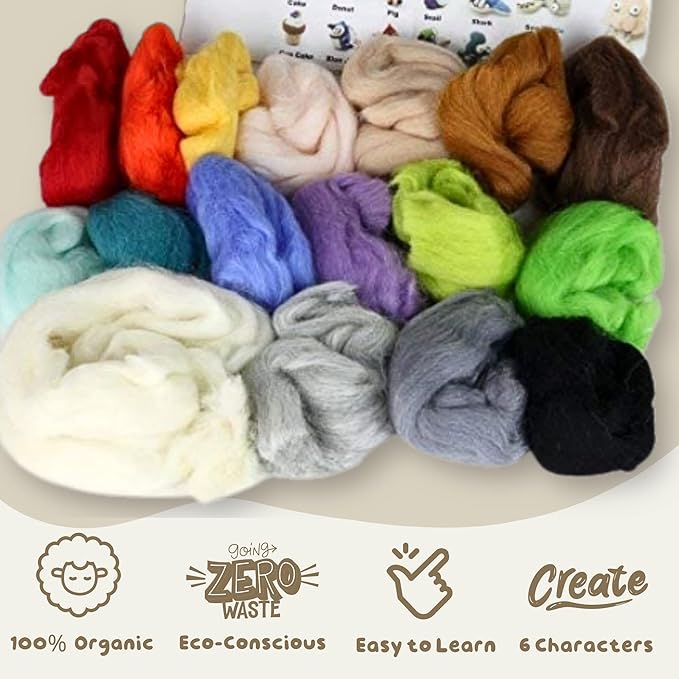 Woolbuddy Needle Felting Wool Kit – Starter Set to Make 6 Cute Animals – Includes Wool, Pad, Needles & Instructions for Beginners and Adults