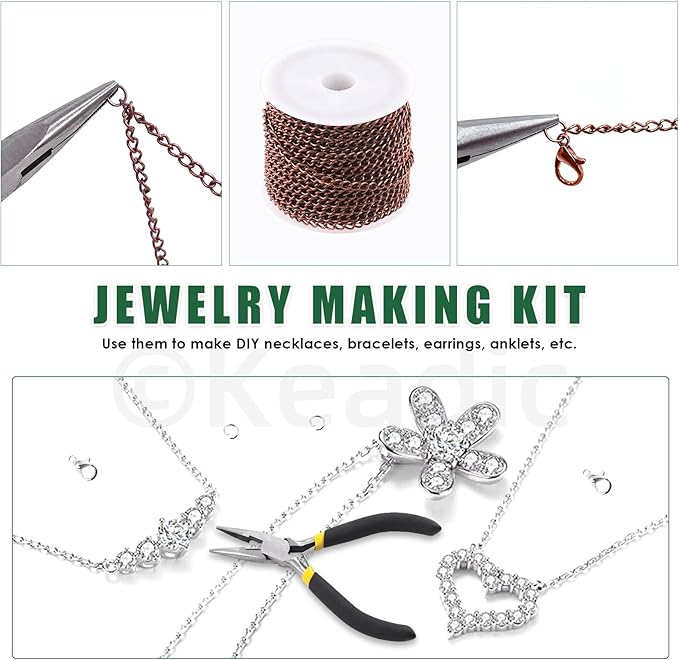 Keadic 102Pcs 30 Feet Jewelry Making Chains Kit W 3mm Metal Necklace Twisted Links Chain, Lobster Clasps, Open Jump Rings and Jewelry Pliers for Bracelet Earring Anklet DIY (Copper)