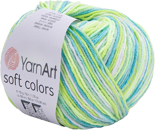 YarnArt Soft Colors - Variegated Sport Yarn 55% Cotton 45% Acrylic - 1 Skein/Ball 50g 174 Yds - Soft Knitting Cotton for Amigurumi