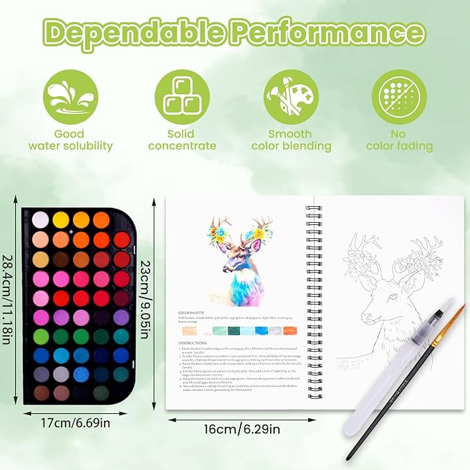 Watercolor Workbook - 13 Original DIY Design Patterns | Watercolor Paint Set with 48-Colors Palette and Brushes | Watercolor Book Set for Adults and Teenagers (Flowers & Animals)